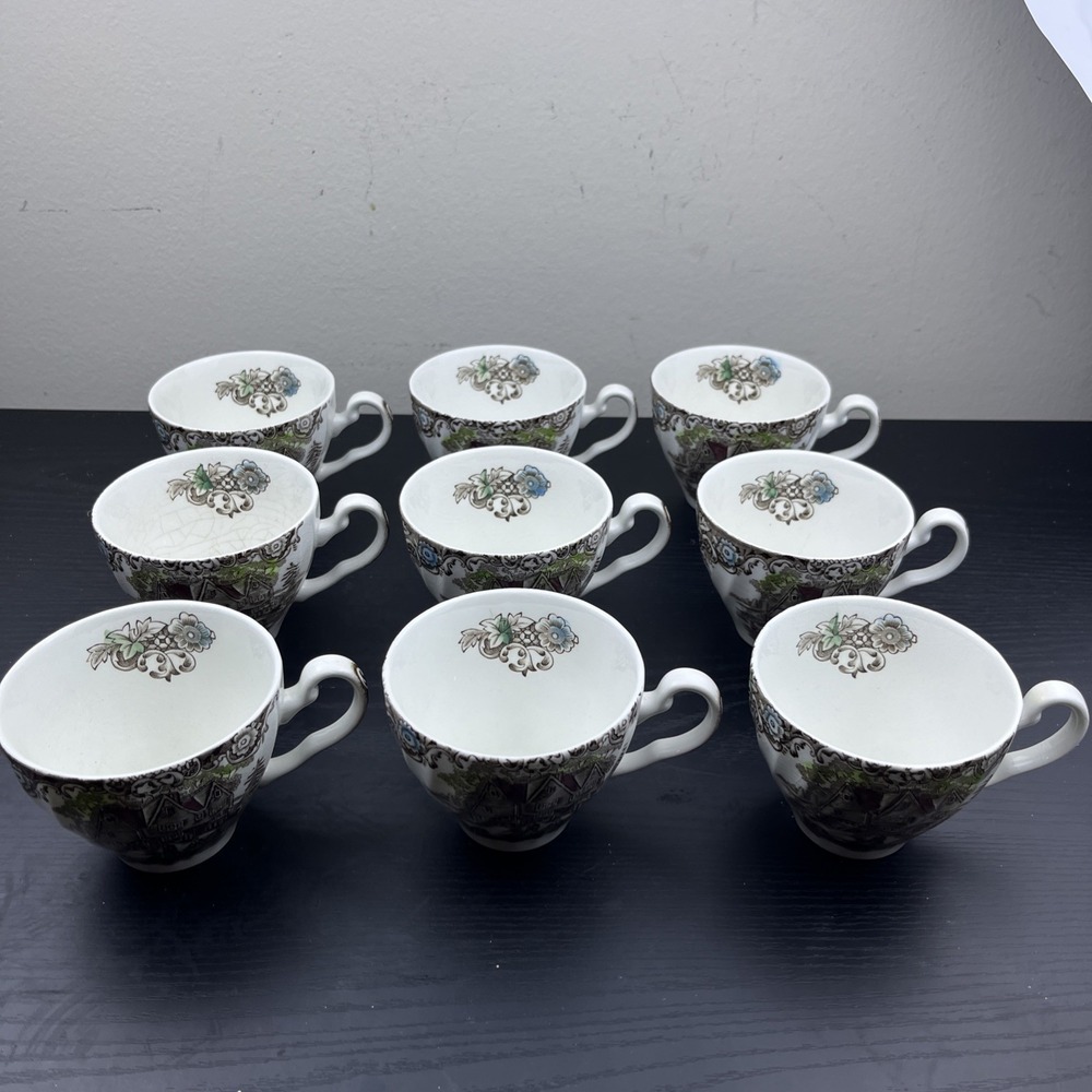 (9) Johnson Brothers Heritage Hall Brown Teacups #4411 2.25" Crazing